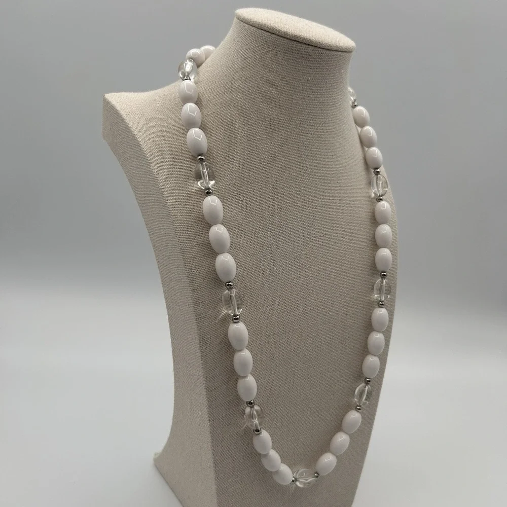 Vintage Trifari Necklace Silver tone White Lucite Single Strand Spacer Bead 12